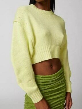 Urban Outfitters Cropped Lime Green Knit Sweater Ribbed Hem & Cuffs Women Medium